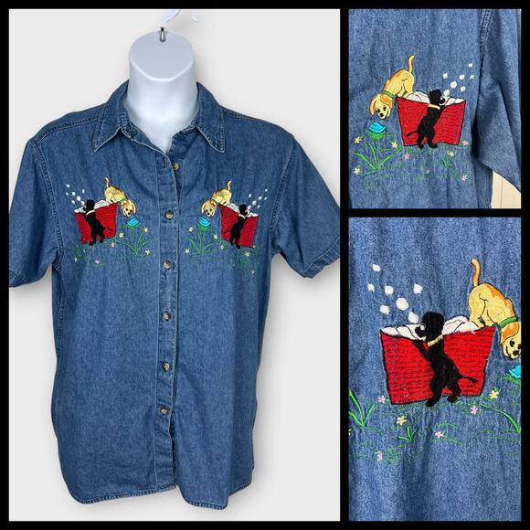 VTG Effeci Denim Short Sleeve Blouse Top Embroidered Dogs/Puppies Size XL - Picture 1 of 7